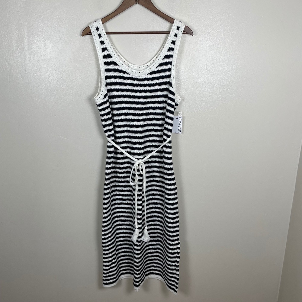 Nine West Women's‎ 0X Midi Dress Black White Striped Crochet Cotton Sleeveless